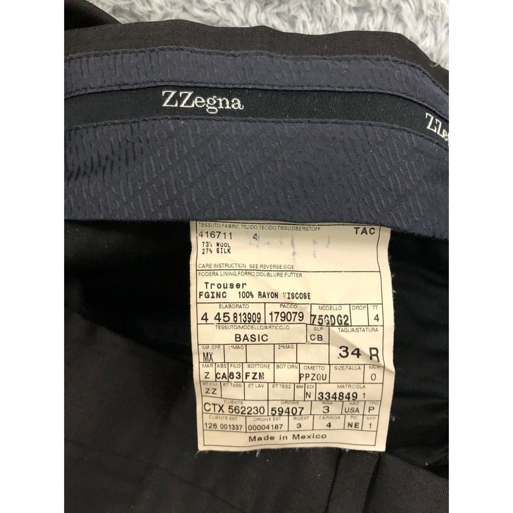 Ermenegildo Zegna Pants Mens 33x28 (Tag 34R) Black Wool Silk Flat Front Trousers - Picture 3 of 8